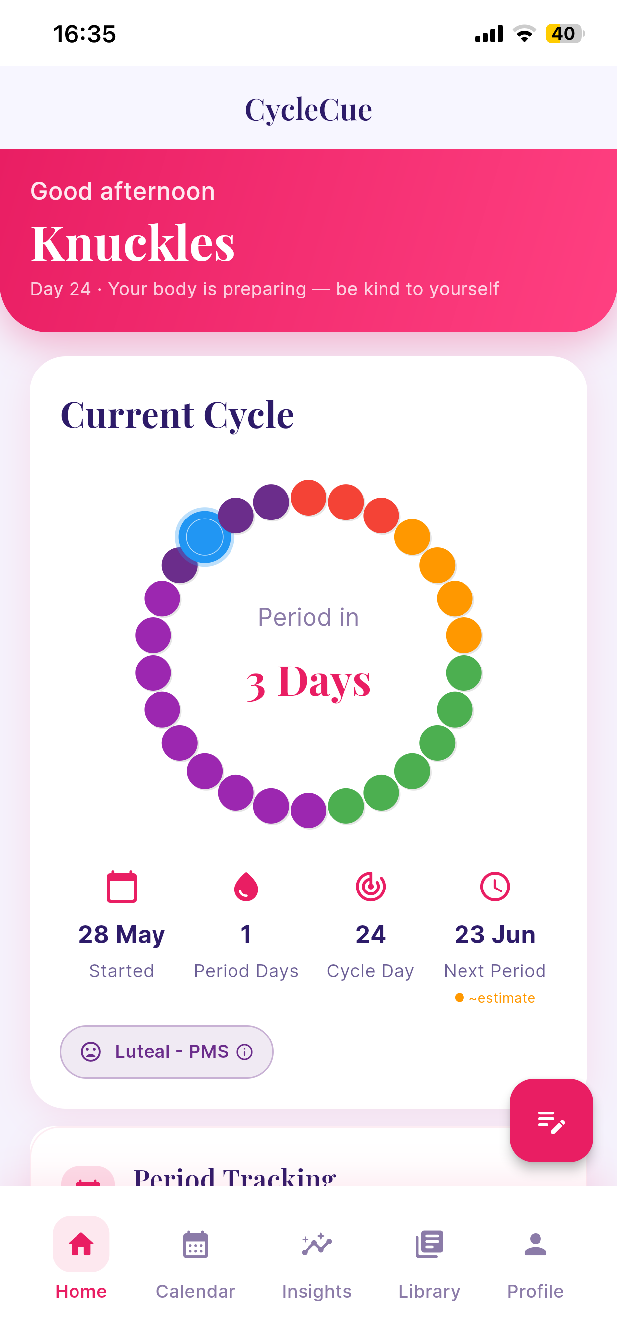 The CycleCue home screen showing today's cycle day and phase