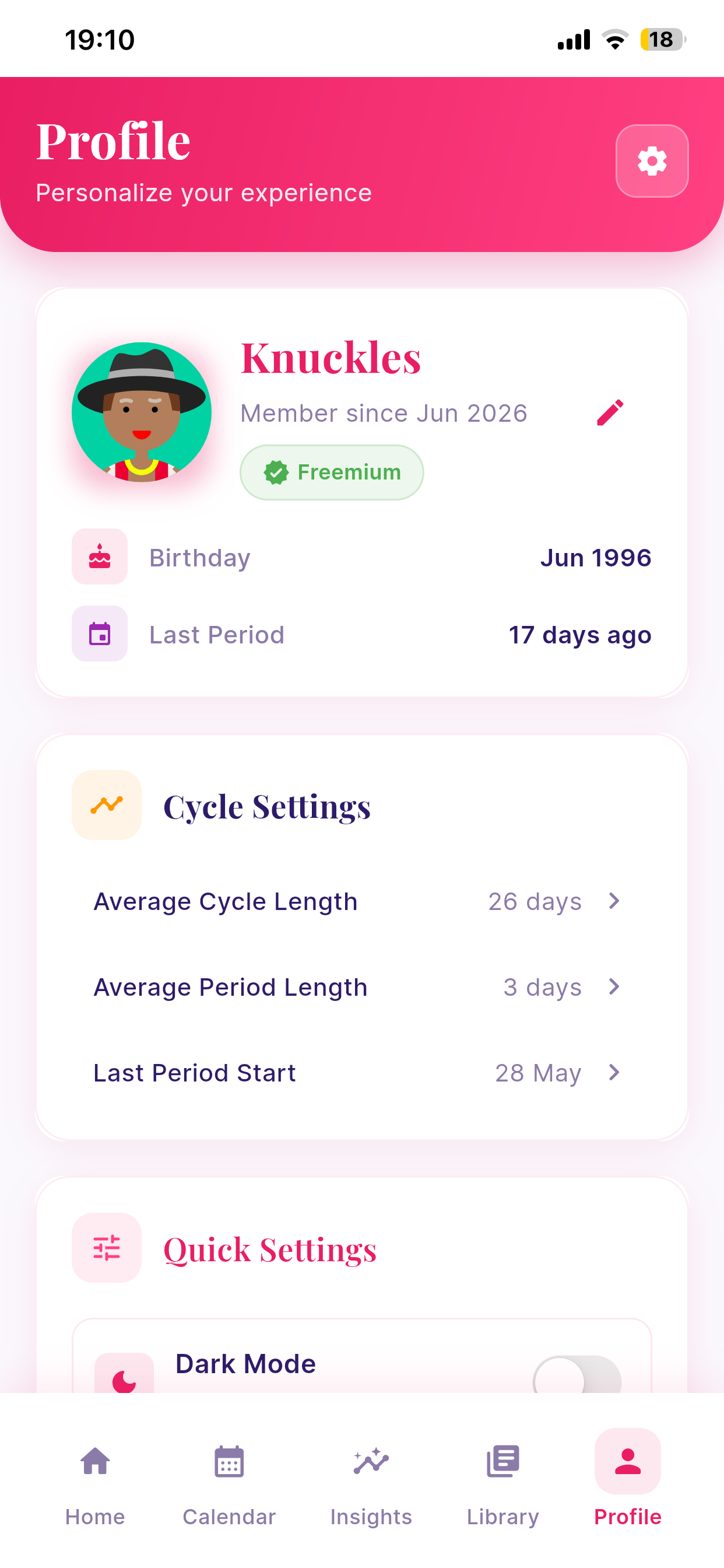Profile and settings screen